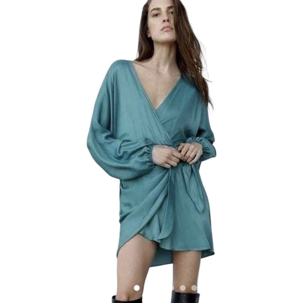 Zara Teal Faux Wrap Satin Long Sleeve Lightweight Mini Dress Size XL NWT